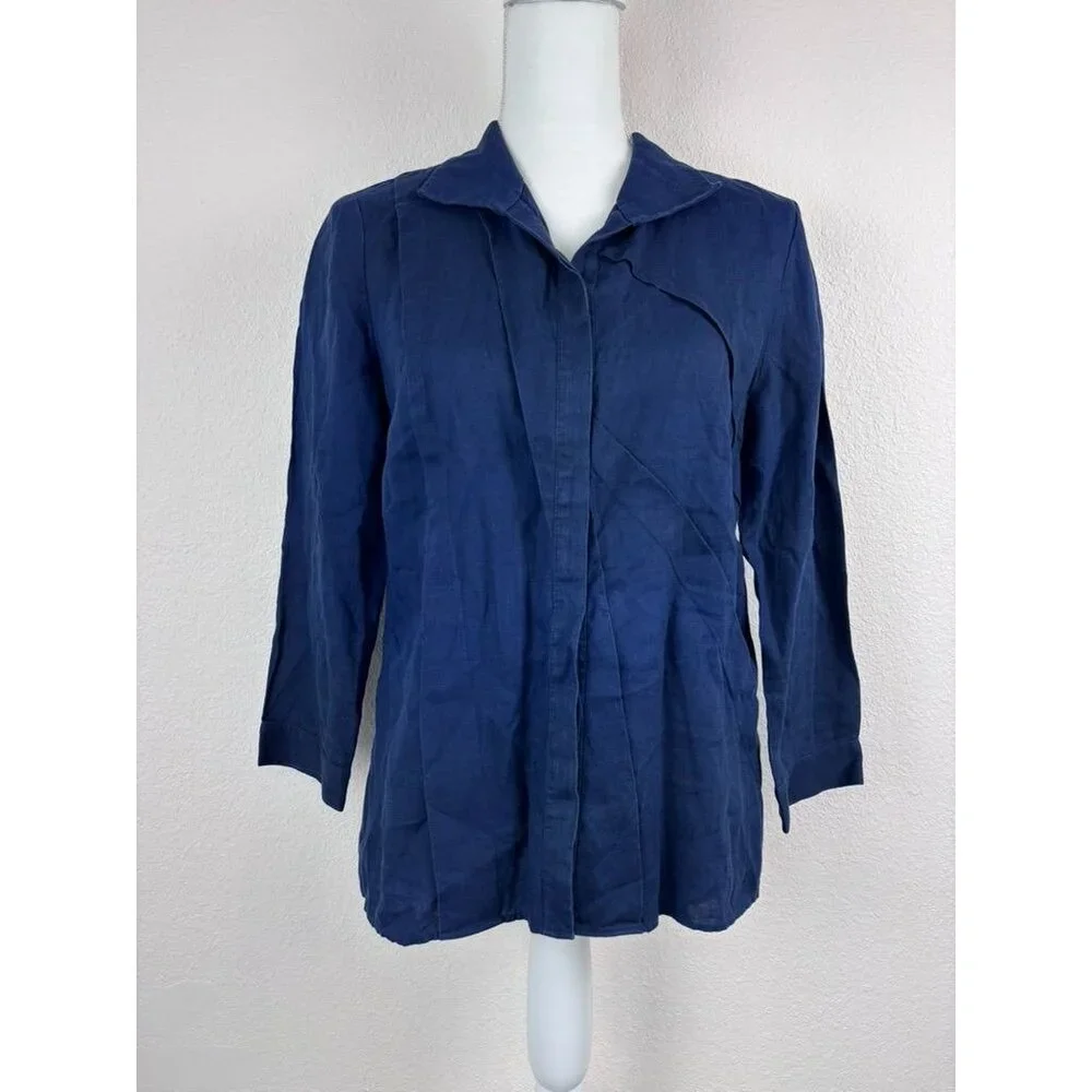 Lafayette 148 women's 6 navy blue linen pleated collared button down 3/4 sleeve - Picture 1 of 9